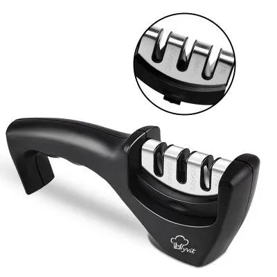 Diamond tungsten steel knife sharpening tool with dismantleable black ABS plastic body.