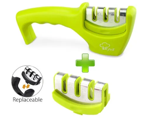 Diamond tungsten steel knife sharpening tool with dismantleable black ABS plastic body.