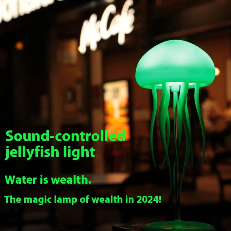 Jellyfish mood lamp with glowing adjustable tentacles and RGB colour-changing effects on a desk