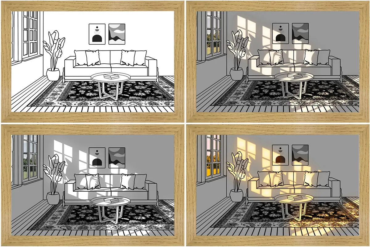 LED illuminated decorative picture showing scenic artwork with adjustable lighting in wooden frame