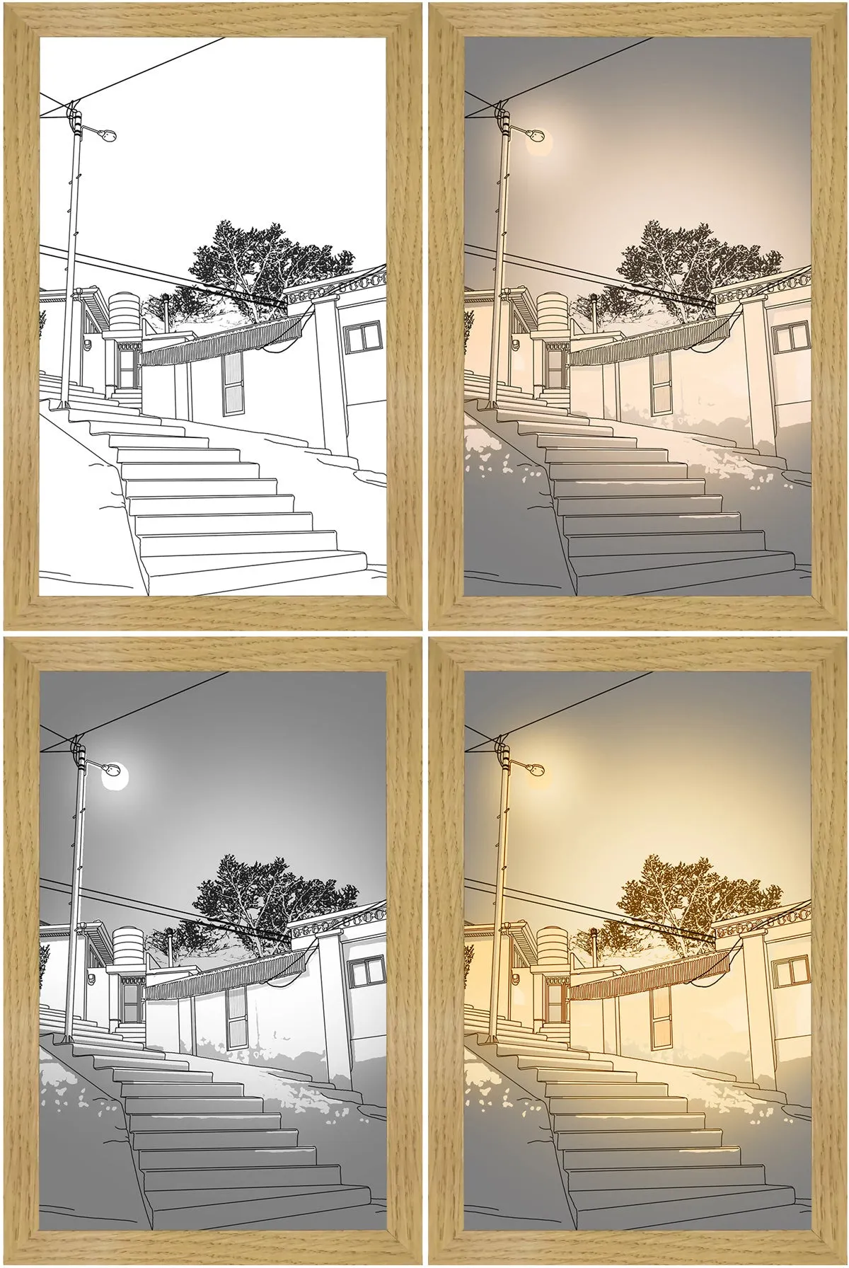 LED illuminated decorative picture showing scenic artwork with adjustable lighting in wooden frame