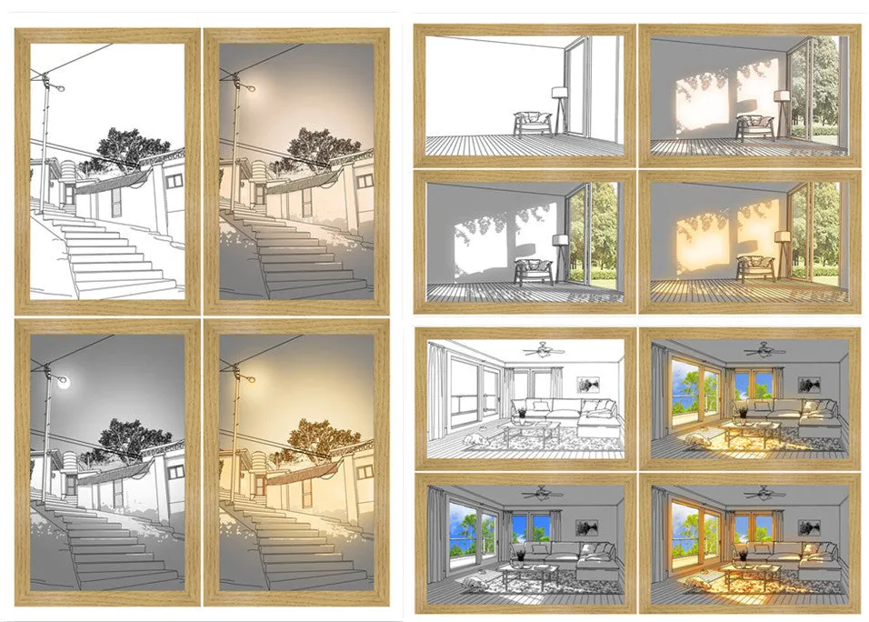 LED illuminated decorative picture showing scenic artwork with adjustable lighting in wooden frame