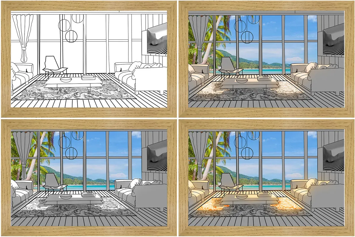 LED illuminated decorative picture showing scenic artwork with adjustable lighting in wooden frame