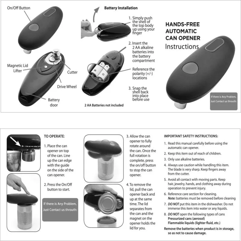 Black electric can opener with compact plastic design for hands-free opening