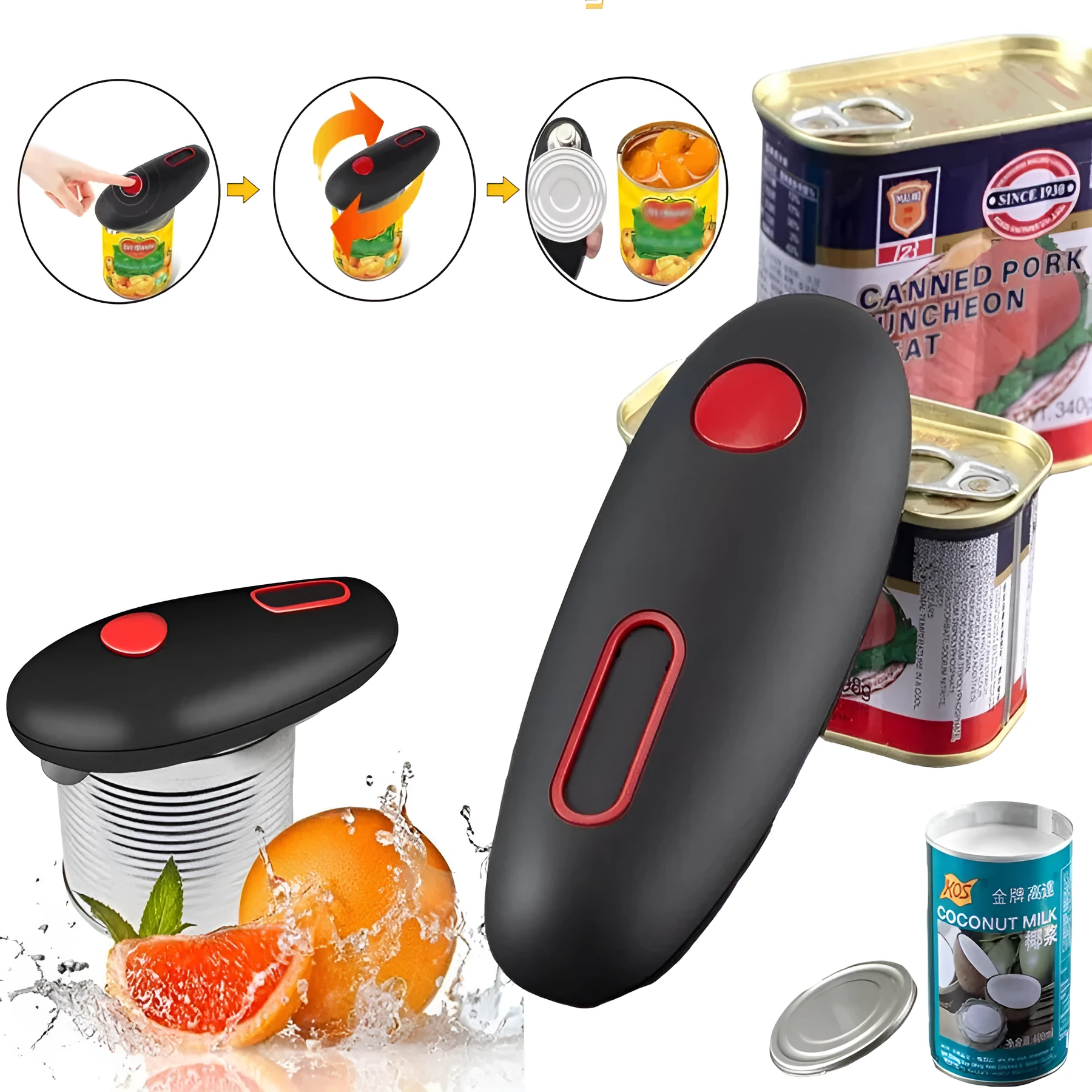 Black electric can opener with compact plastic design for hands-free opening