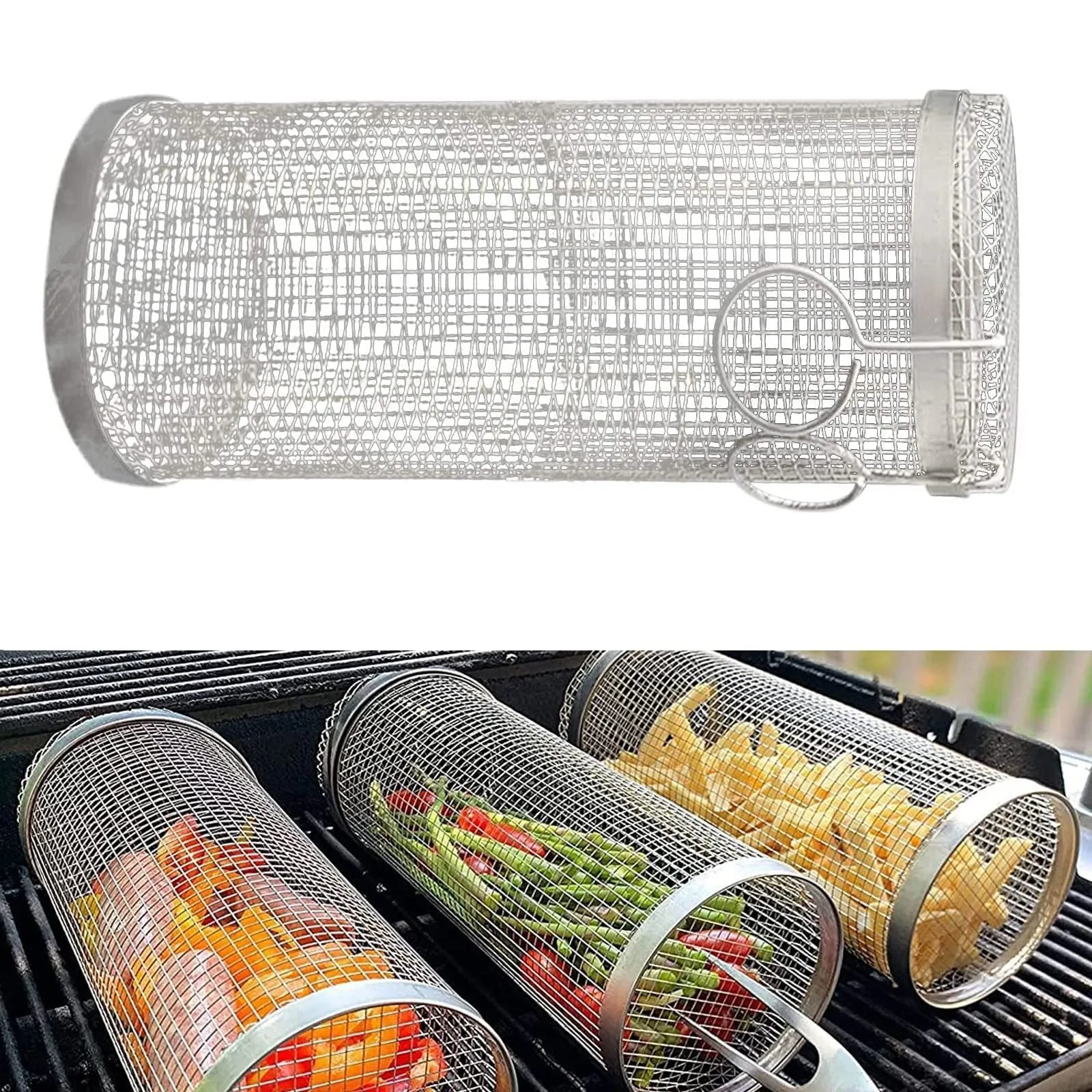 Stainless steel cylindrical rolling barbecue grill basket with wire mesh, shown with a hook.