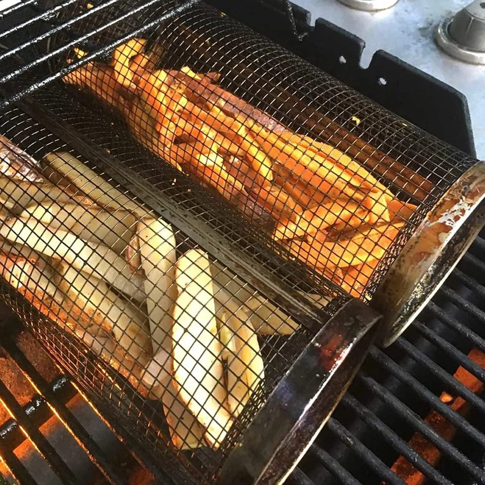 Stainless steel cylindrical rolling barbecue grill basket with wire mesh, shown with a hook.