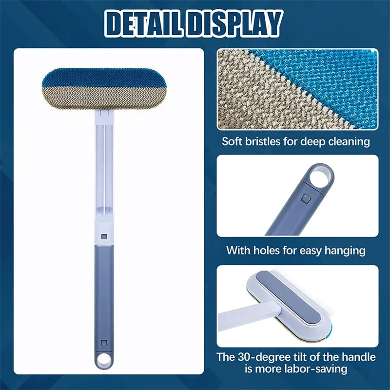 Multifunctional 4-in-1 screen cleaner and pet hair remover brush with flannel head and extension handle.