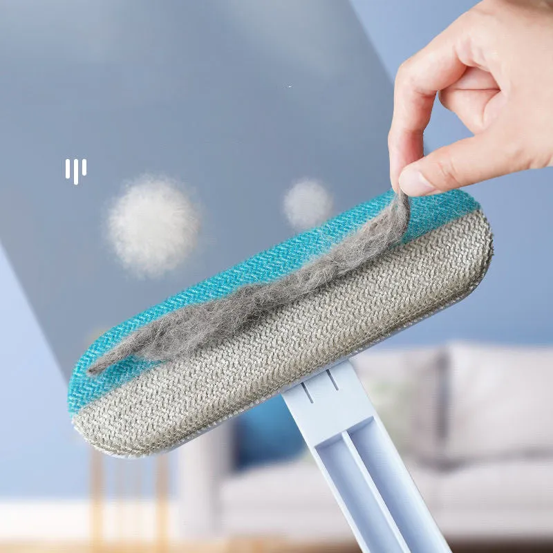 Multifunctional 4-in-1 screen cleaner and pet hair remover brush with flannel head and extension handle.