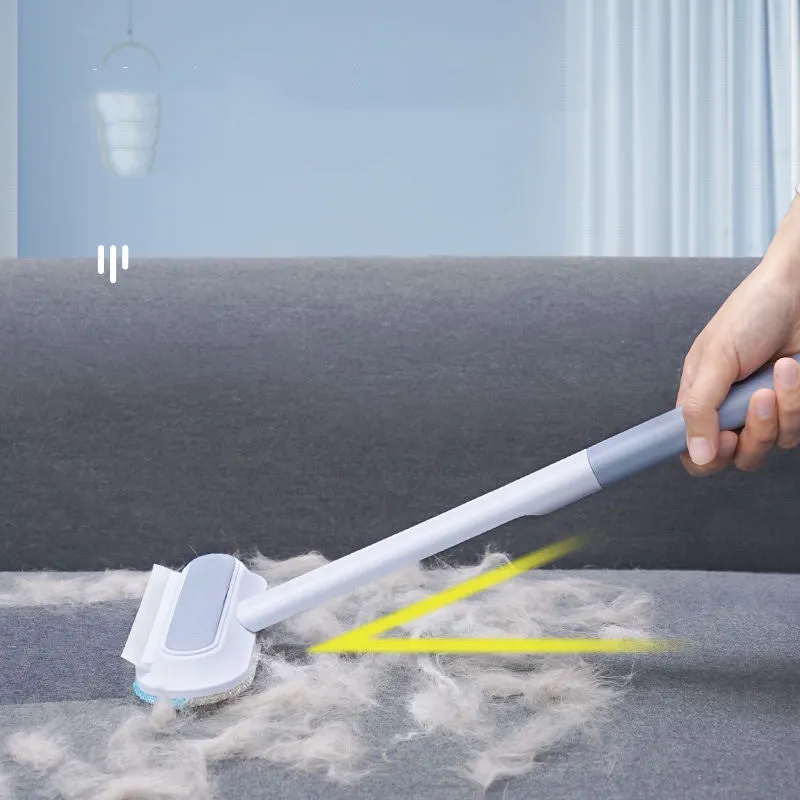 Multifunctional 4-in-1 screen cleaner and pet hair remover brush with flannel head and extension handle.