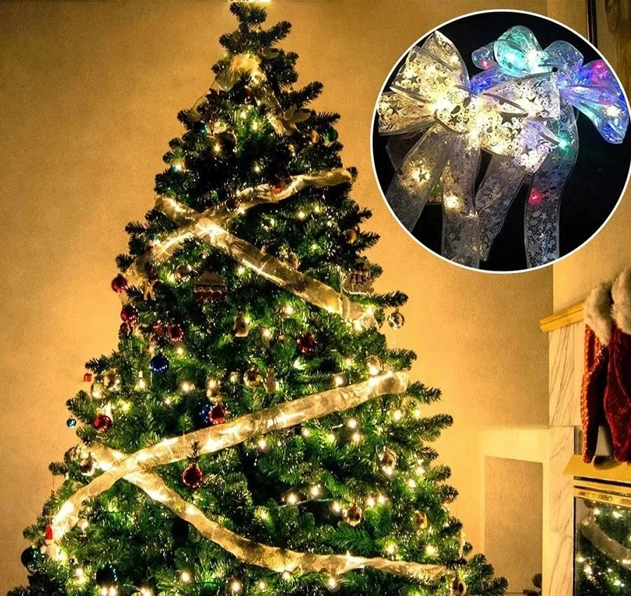 Christmas fairy lights ribbon with LED lights in cloth material, available in gold and silver colour options