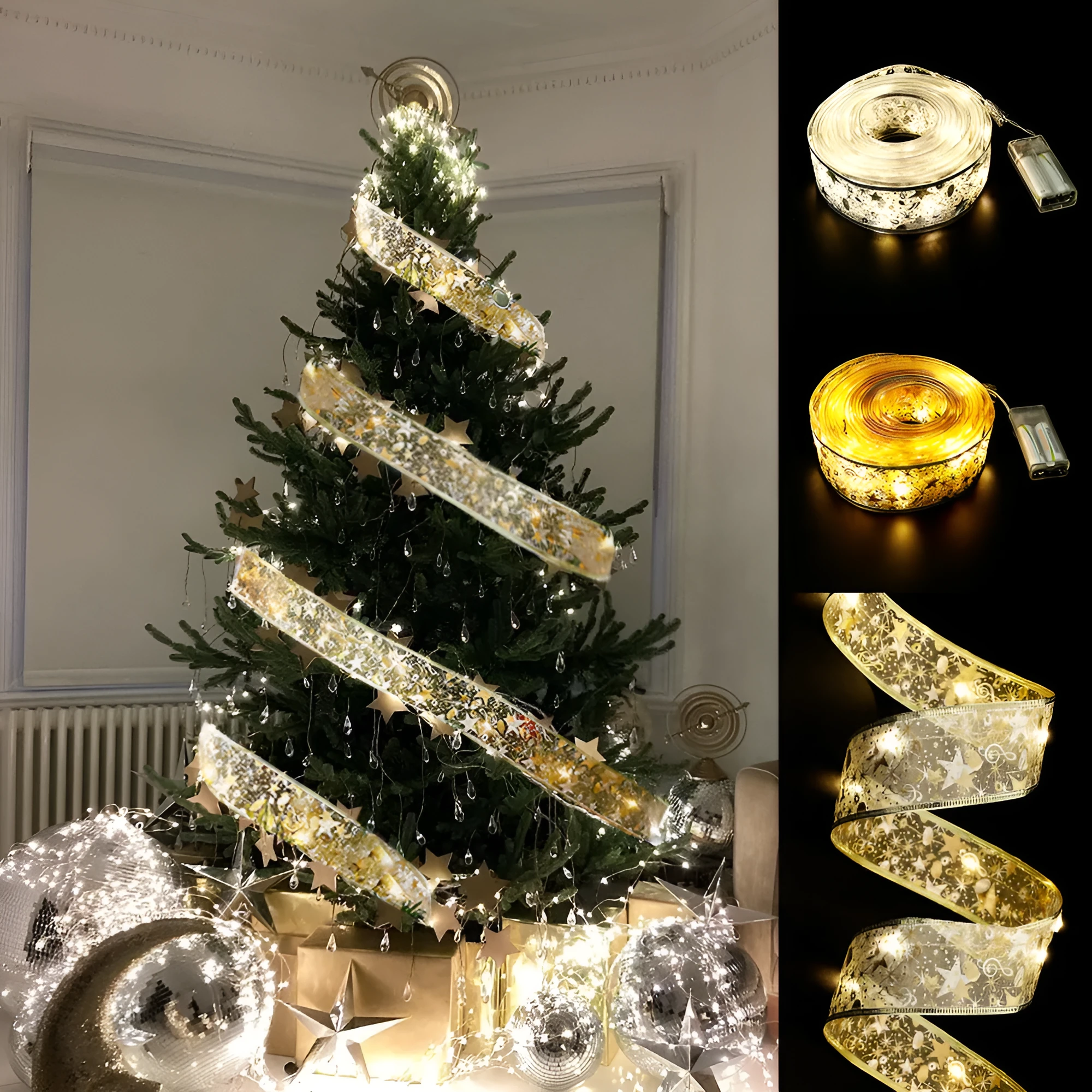 Christmas fairy lights ribbon with LED lights in cloth material, available in gold and silver colour options