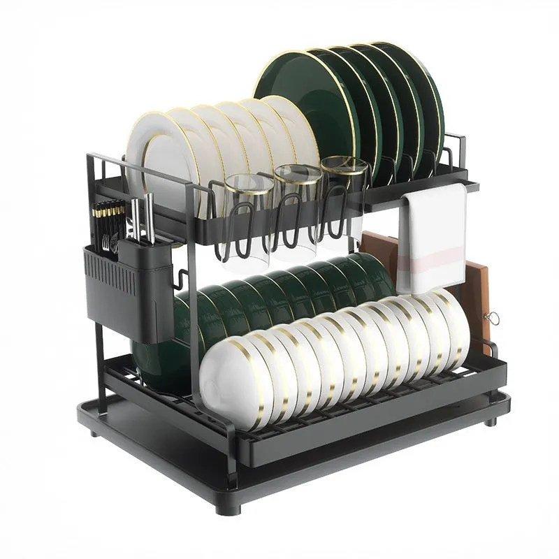 Modern white and black double-tier kitchen storage rack for draining utensils.