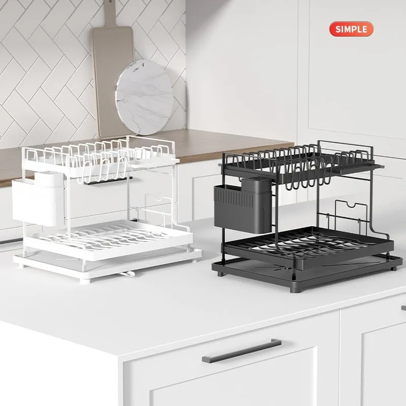 Modern white and black double-tier kitchen storage rack for draining utensils.