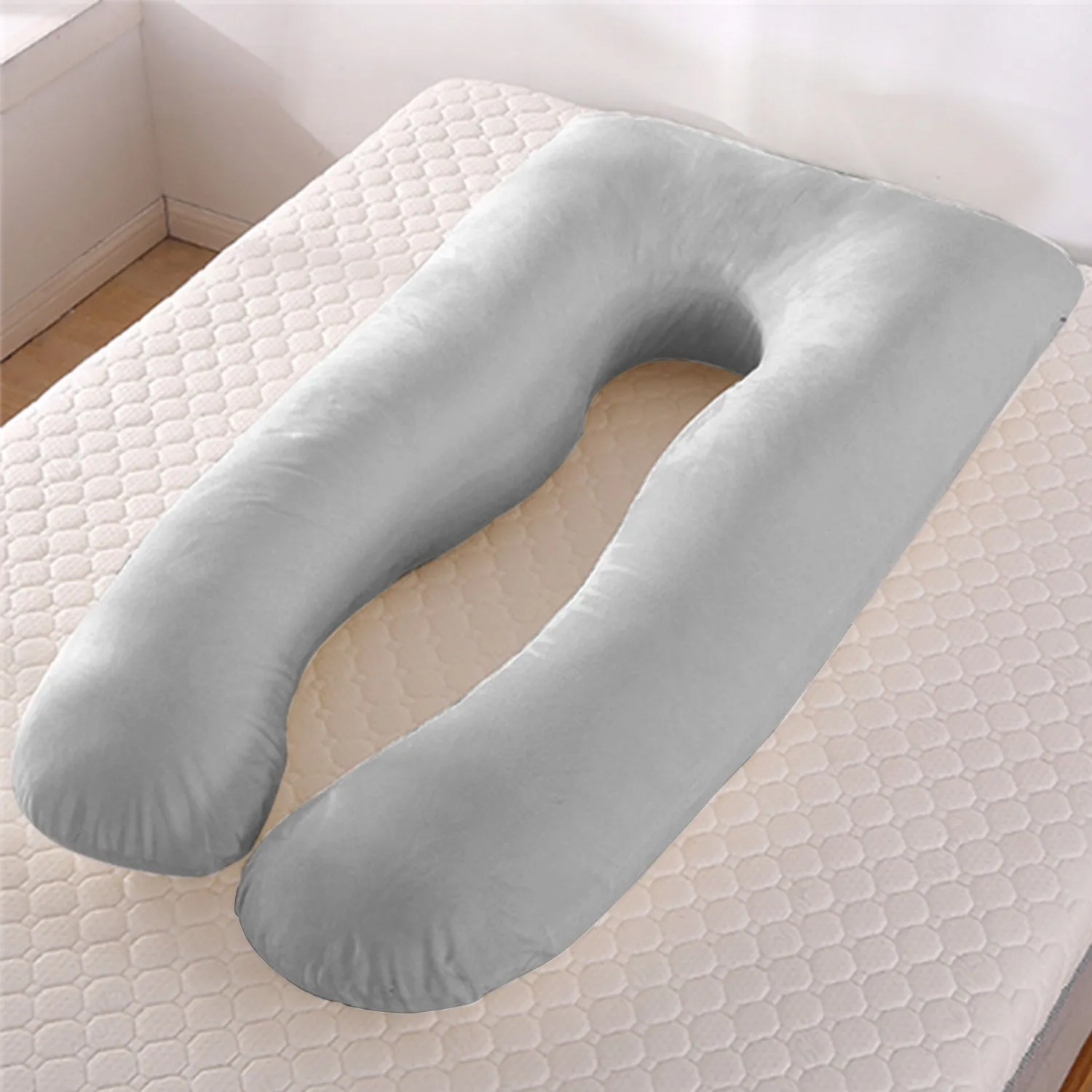 U-shaped pregnancy pillow in light blue with ice silk fabric, showing full 130cm length