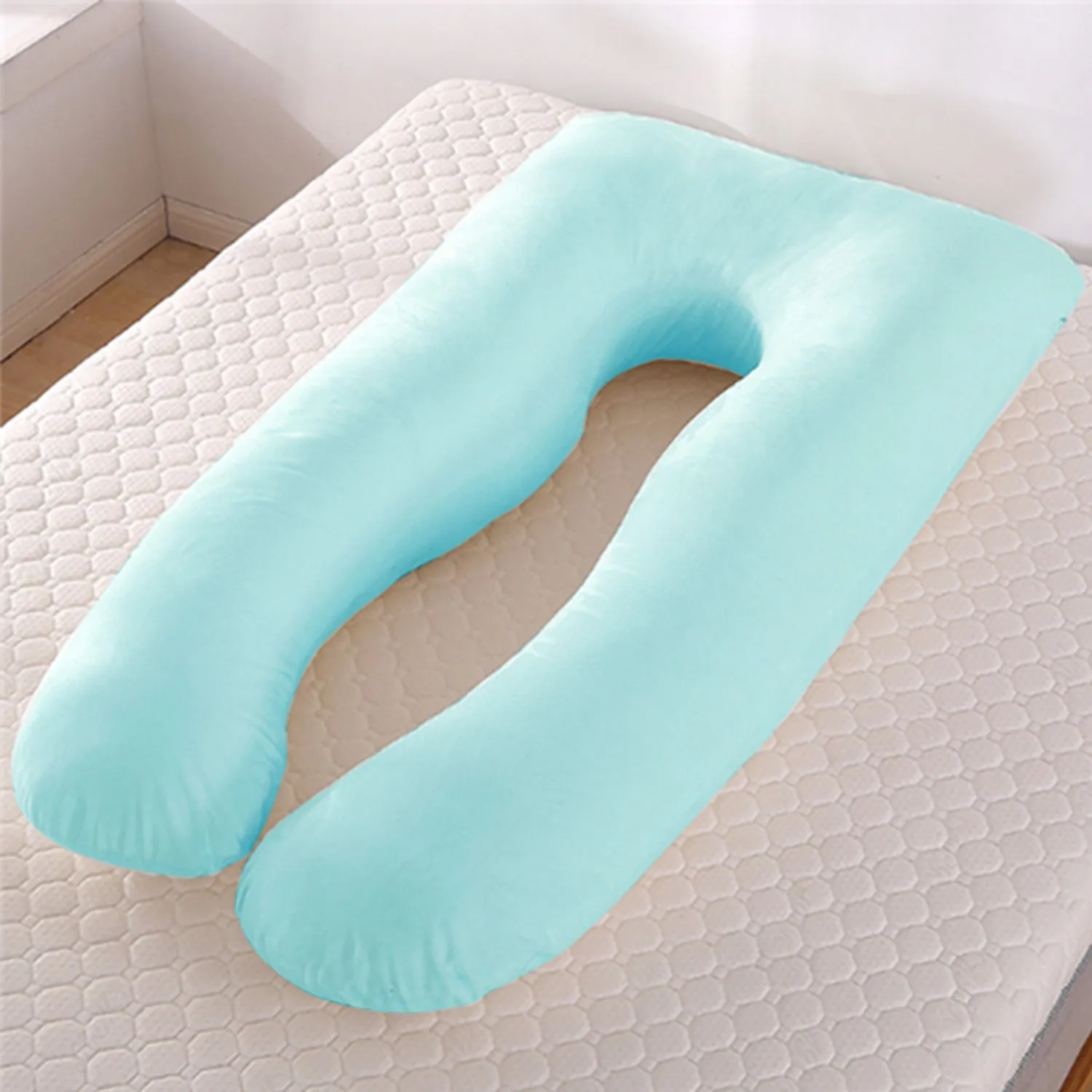 U-shaped pregnancy pillow in light blue with ice silk fabric, showing full 130cm length