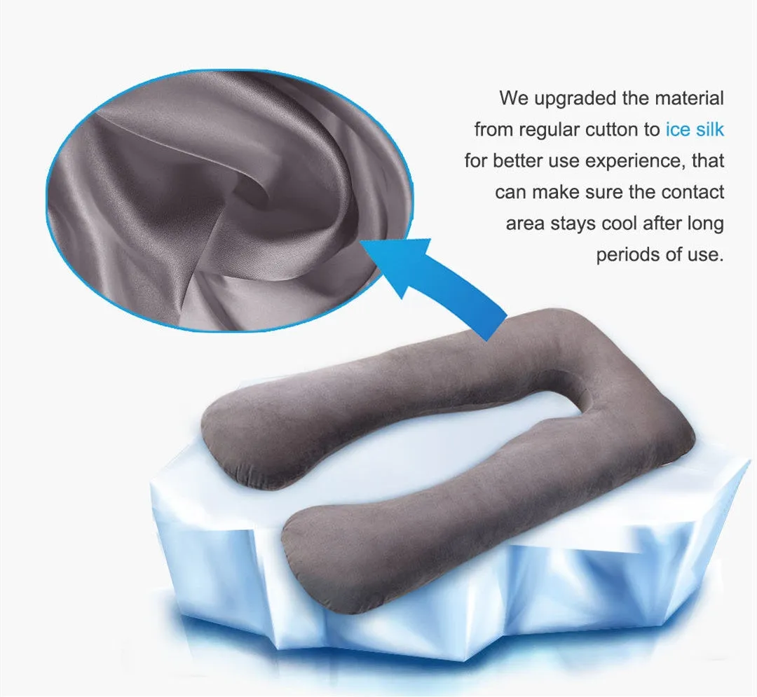 U-shaped pregnancy pillow in light blue with ice silk fabric, showing full 130cm length
