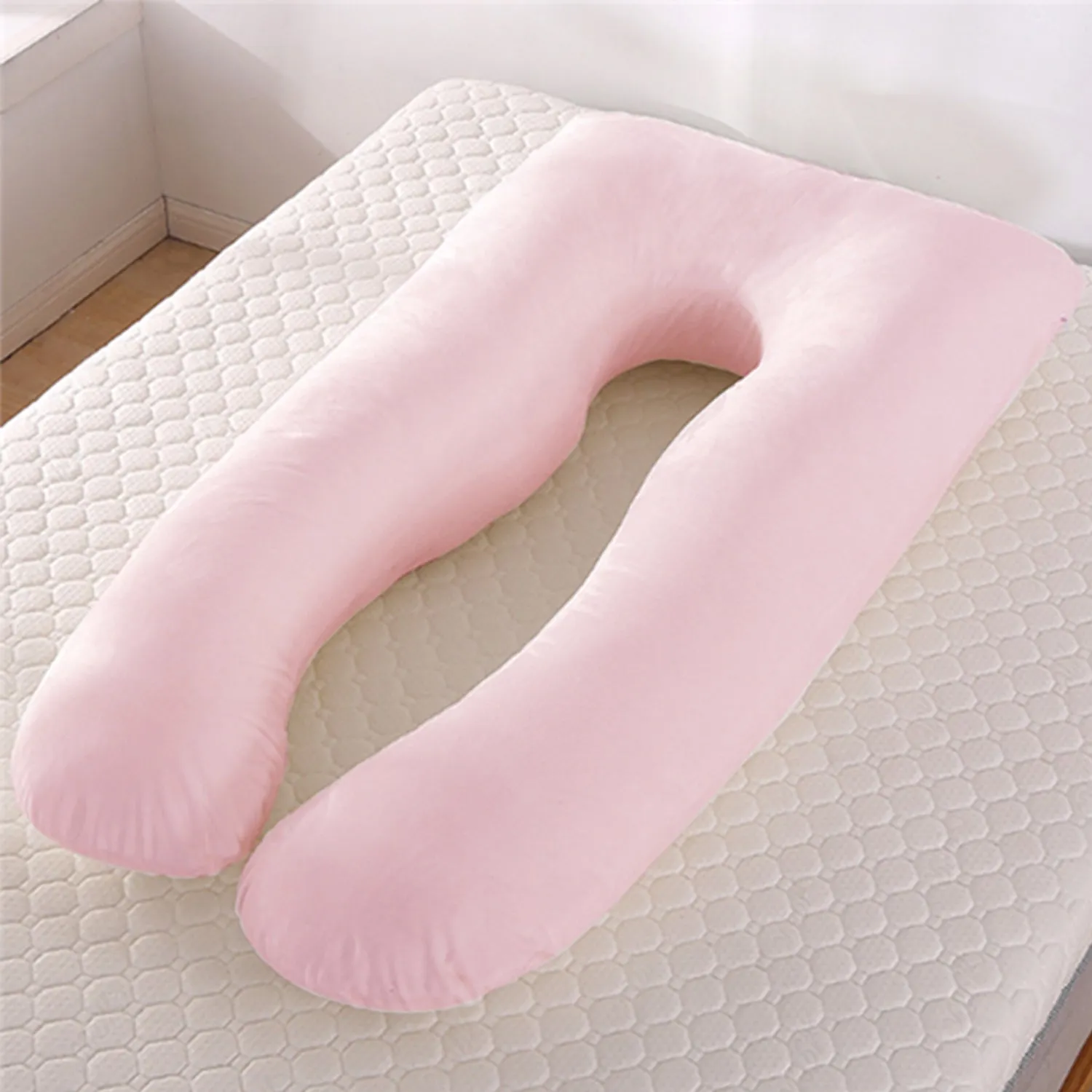 U-shaped pregnancy pillow in light blue with ice silk fabric, showing full 130cm length