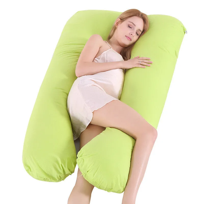 U-shaped pregnancy pillow in light blue with ice silk fabric, showing full 130cm length