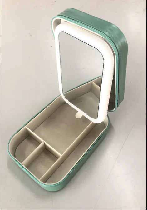 Makeup storage box with LED mirror in pink, white, or green with adjustable stand and storage compartment