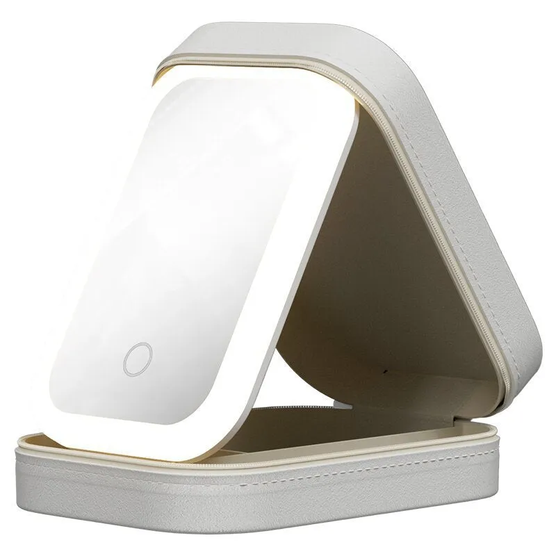 Makeup storage box with LED mirror in pink, white, or green with adjustable stand and storage compartment
