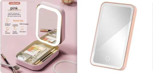 Makeup storage box with LED mirror in pink, white, or green with adjustable stand and storage compartment