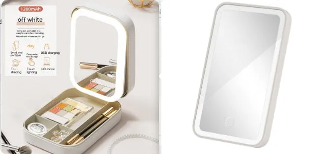Makeup storage box with LED mirror in pink, white, or green with adjustable stand and storage compartment