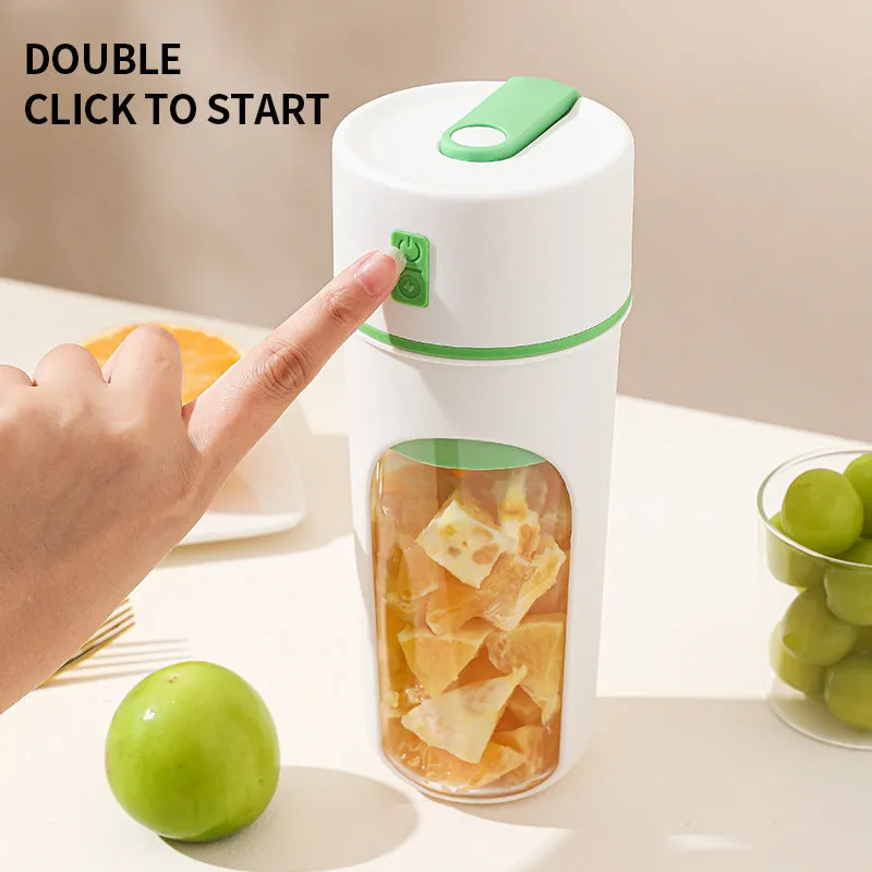 Blue portable USB electric blender juicer with 400ml plastic cup on a table.