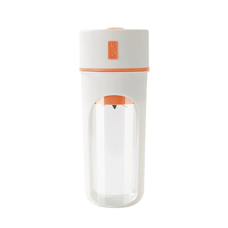Blue portable USB electric blender juicer with 400ml plastic cup on a table.
