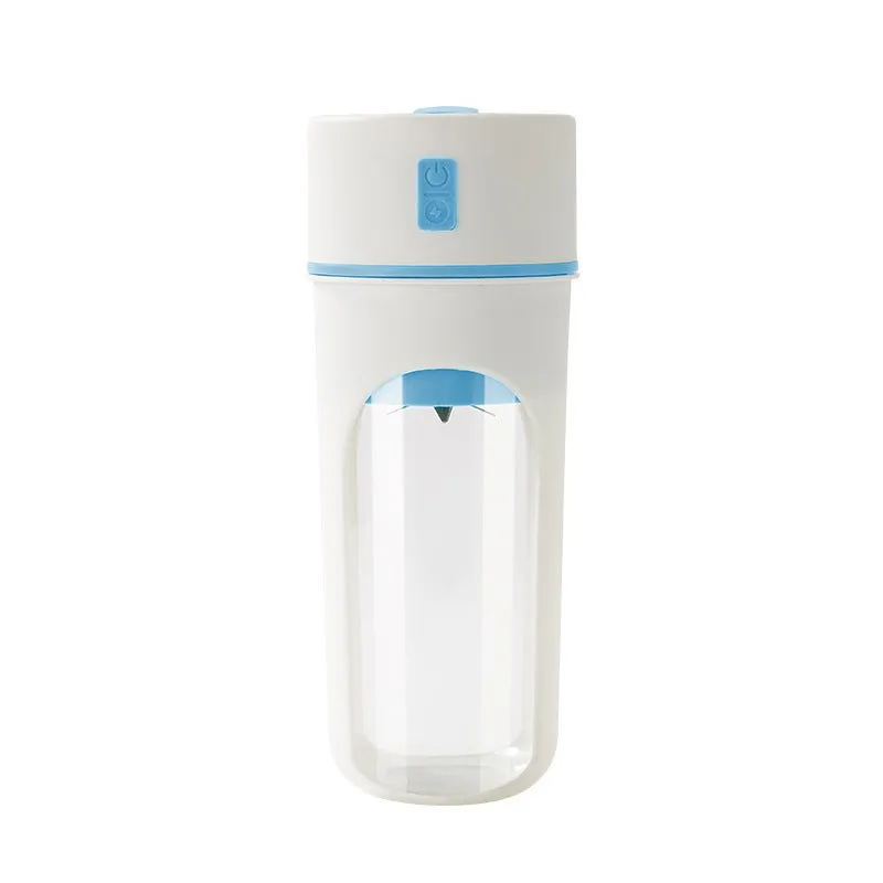 Blue portable USB electric blender juicer with 400ml plastic cup on a table.