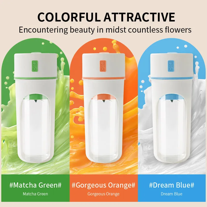 Blue portable USB electric blender juicer with 400ml plastic cup on a table.