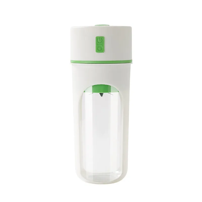 Blue portable USB electric blender juicer with 400ml plastic cup on a table.