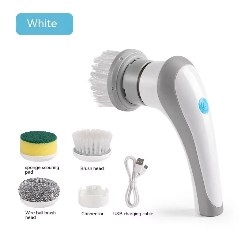 White cordless electric spinning cleaning brush with multiple brush heads on wall bracket