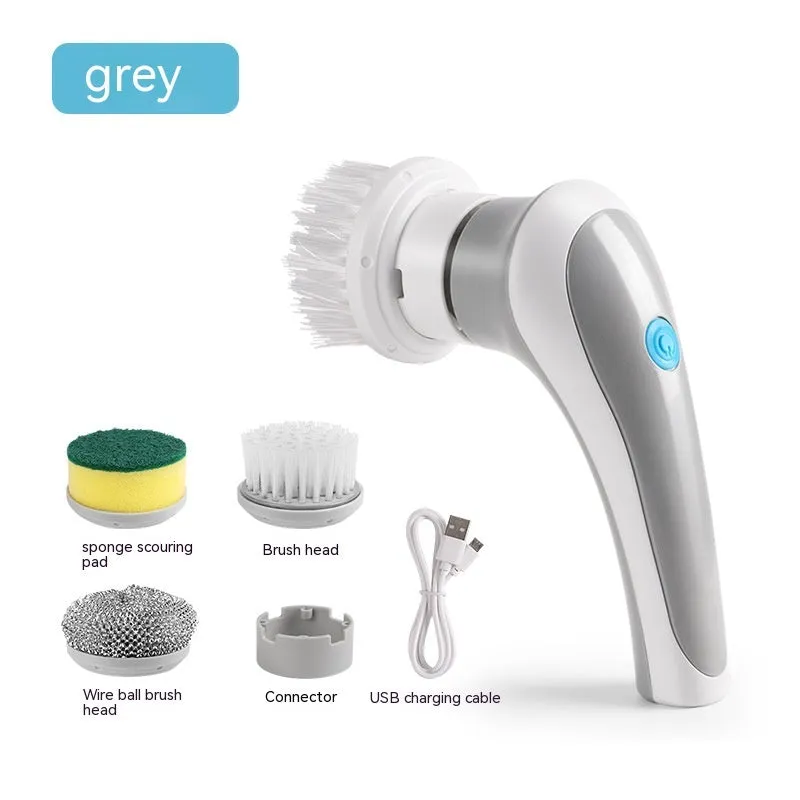 White cordless electric spinning cleaning brush with multiple brush heads on wall bracket