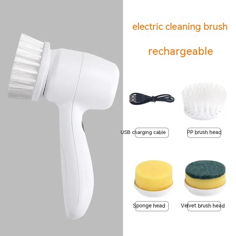 White cordless electric spinning cleaning brush with multiple brush heads on wall bracket