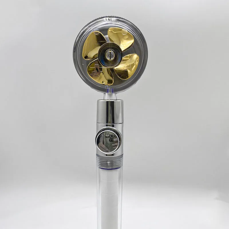 Chrome-finished round water-saving shower head with a built-in turbofan for high pressure spray