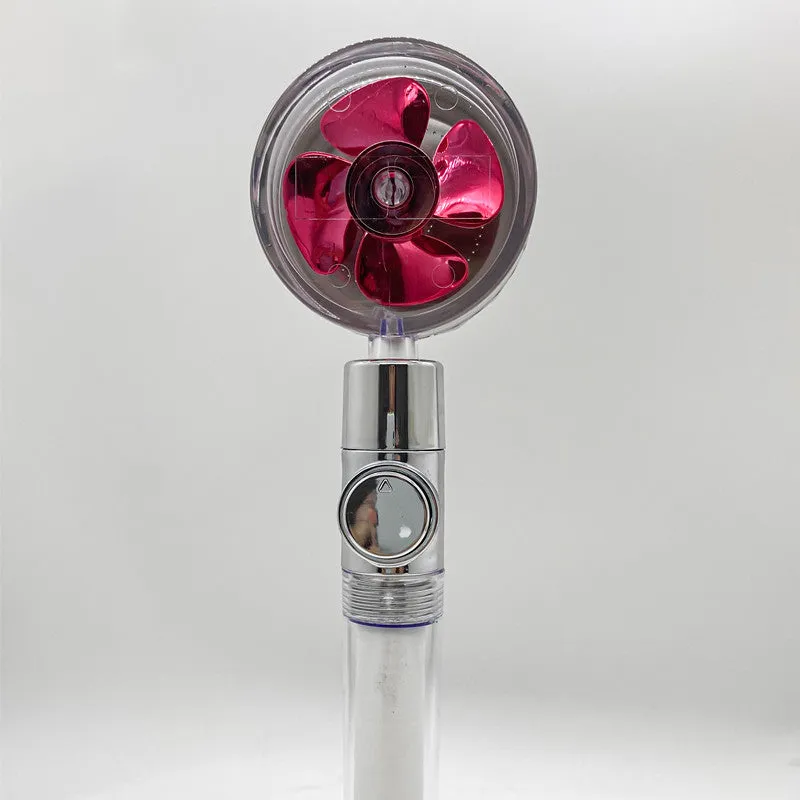 Chrome-finished round water-saving shower head with a built-in turbofan for high pressure spray