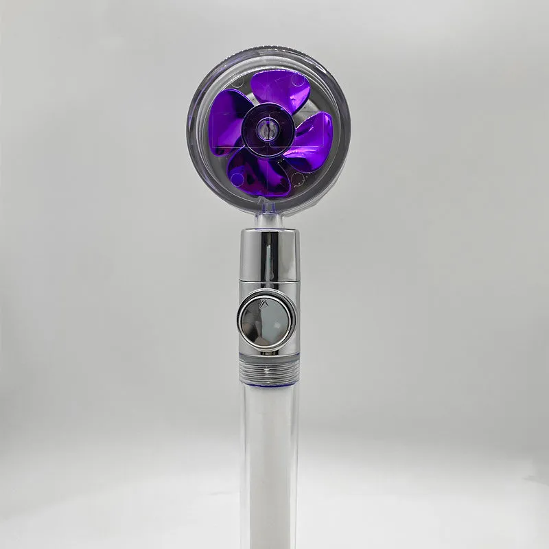 Chrome-finished round water-saving shower head with a built-in turbofan for high pressure spray