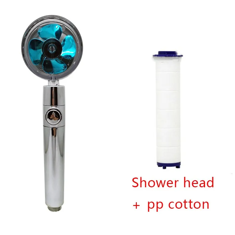 Chrome-finished round water-saving shower head with a built-in turbofan for high pressure spray