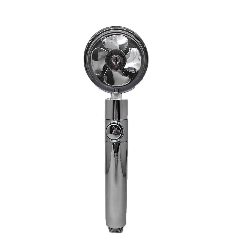 Chrome-finished round water-saving shower head with a built-in turbofan for high pressure spray