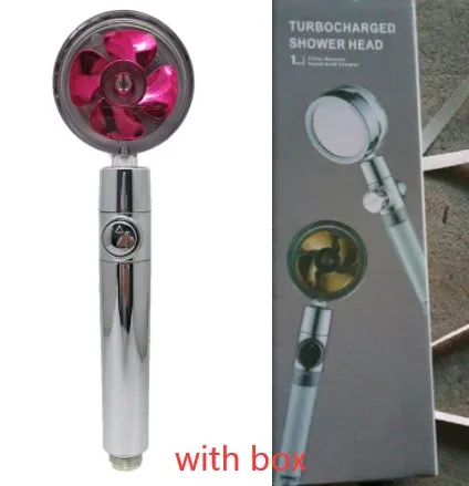Chrome-finished round water-saving shower head with a built-in turbofan for high pressure spray