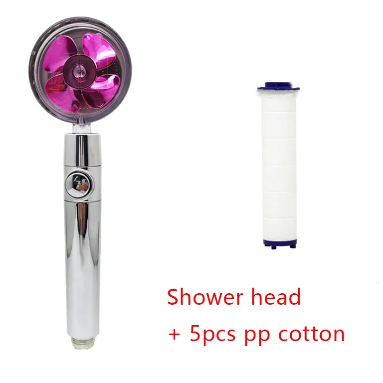 Chrome-finished round water-saving shower head with a built-in turbofan for high pressure spray