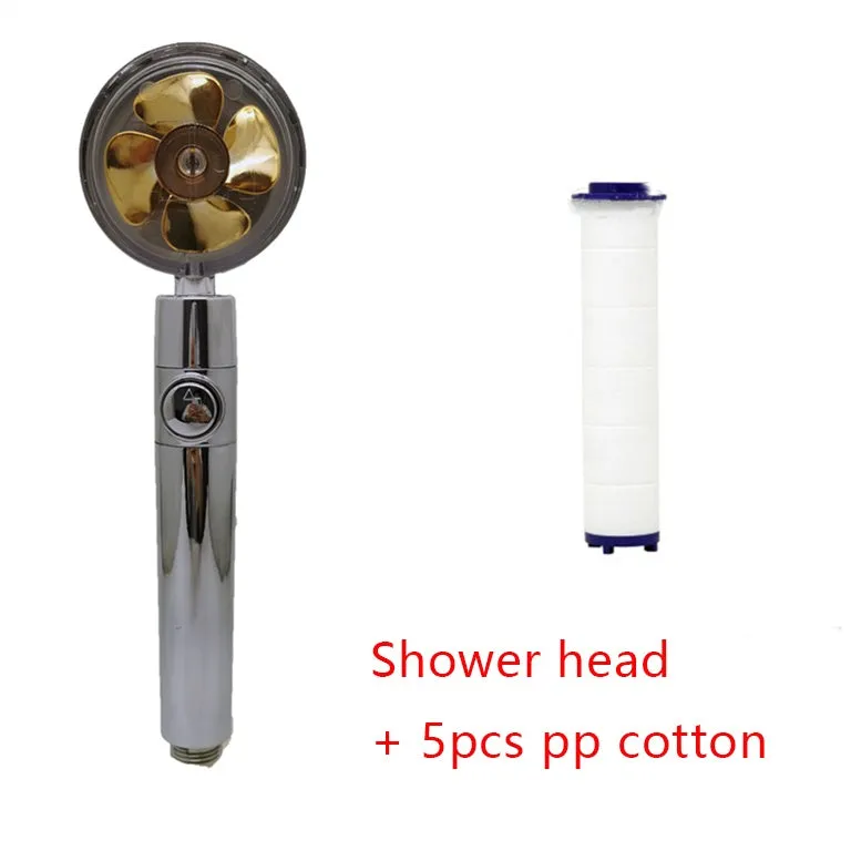 Chrome-finished round water-saving shower head with a built-in turbofan for high pressure spray