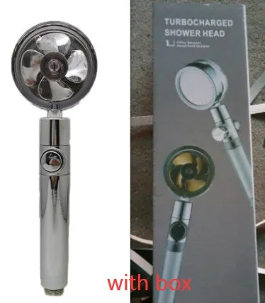 Chrome-finished round water-saving shower head with a built-in turbofan for high pressure spray