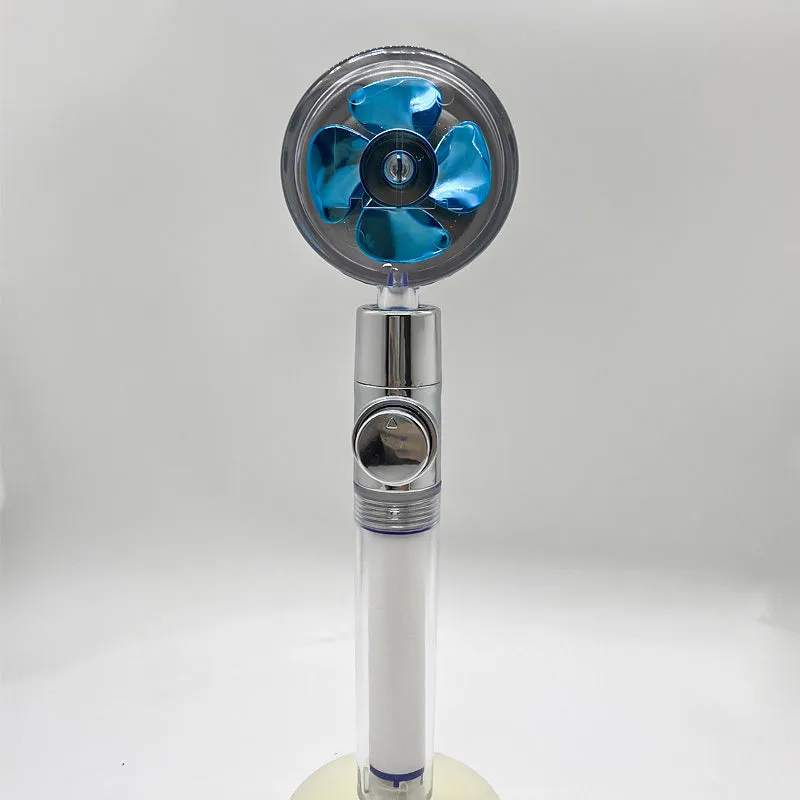 Chrome-finished round water-saving shower head with a built-in turbofan for high pressure spray