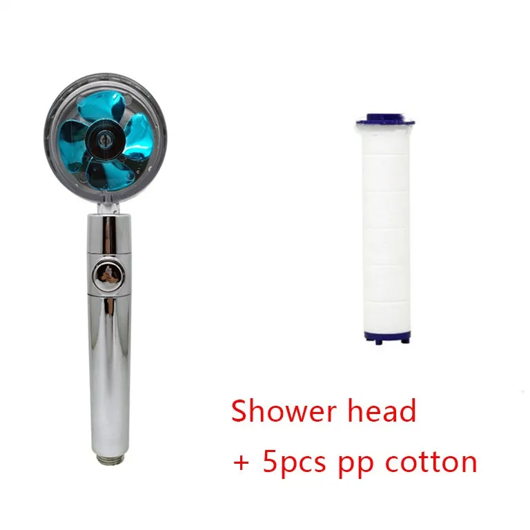 Chrome-finished round water-saving shower head with a built-in turbofan for high pressure spray