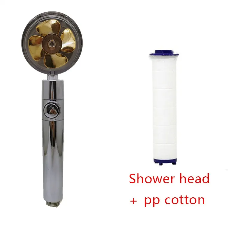 Chrome-finished round water-saving shower head with a built-in turbofan for high pressure spray