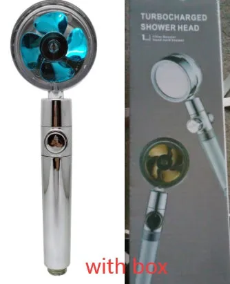Chrome-finished round water-saving shower head with a built-in turbofan for high pressure spray
