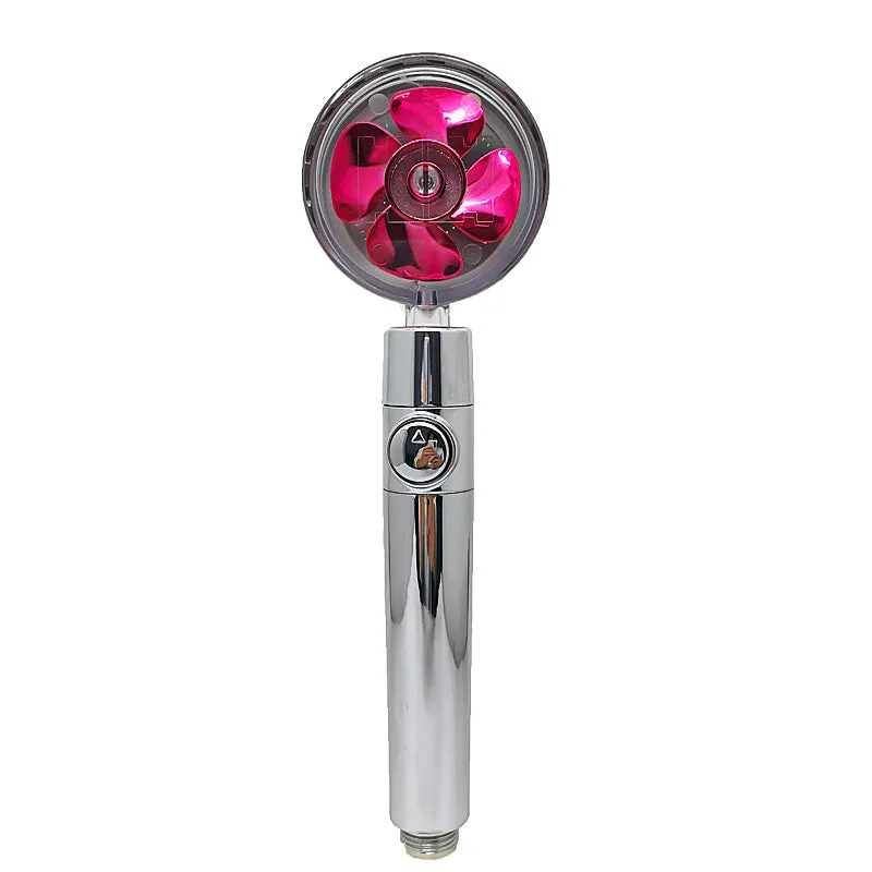 Chrome-finished round water-saving shower head with a built-in turbofan for high pressure spray