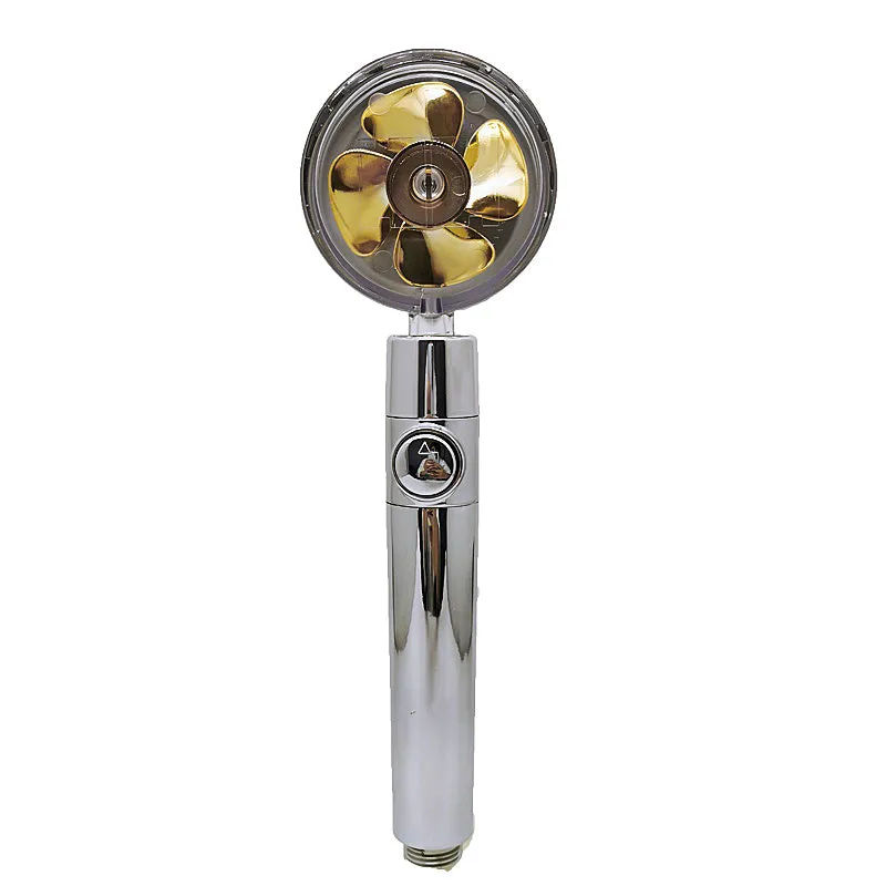 Chrome-finished round water-saving shower head with a built-in turbofan for high pressure spray
